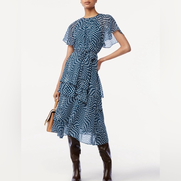 Green & White dotted raglan Sleeve Tie Waist tiered chiffon look dress size smal - Picture 2 of 10